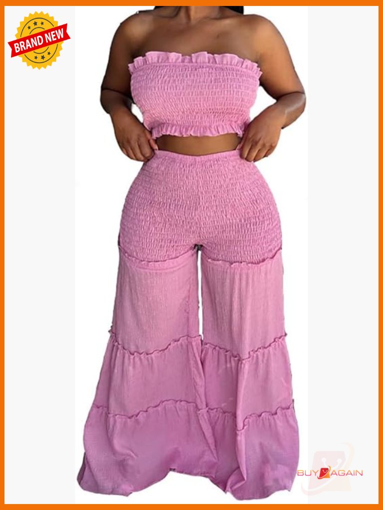 Sexy 2 Piece Outfit Sleeveless Tube Crop Top Wide Leg Pant Set